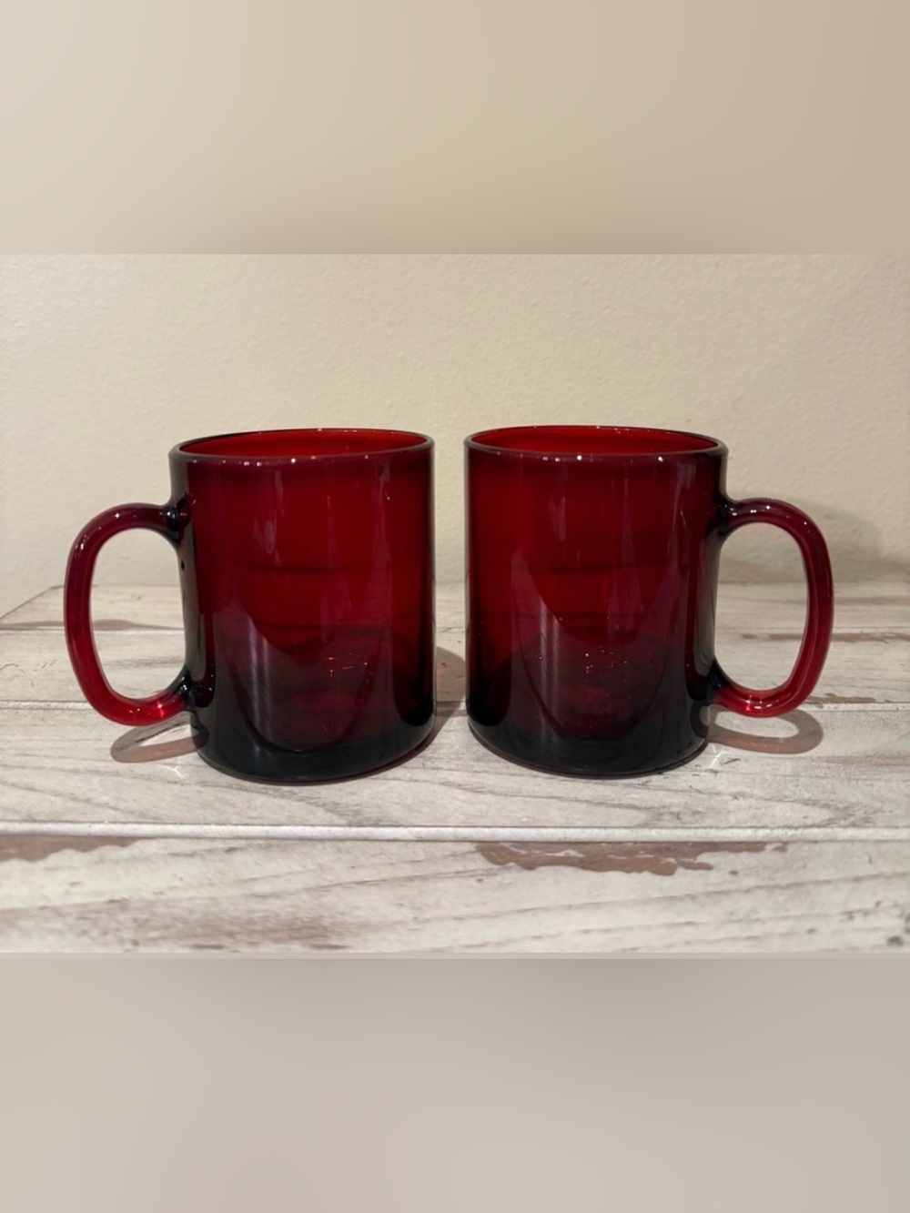 Vintage Ruby Red Glass Coffee Mugs Set of 2 Heavy Base